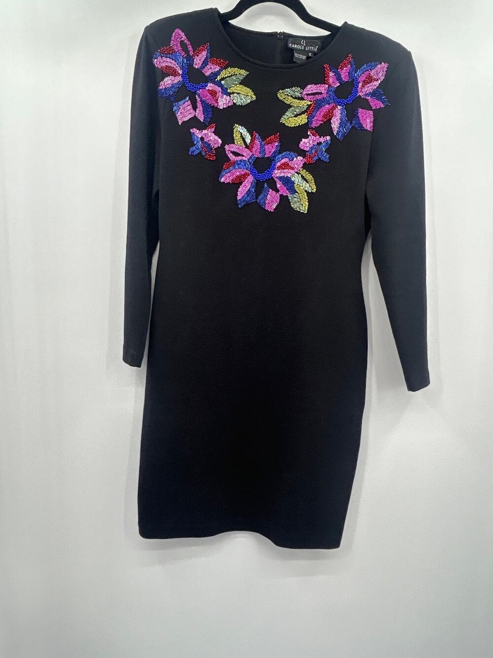 Carole Little Beaded Floral Dress Medium Black Shoulder Pads Artsy 90s Party